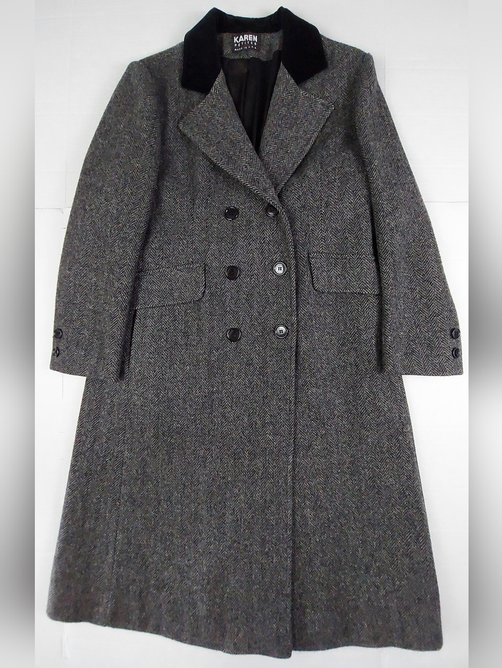 VTG Karen Petites Double Breasted Herringbone Wool Coat Womens Gray Velvet Trim